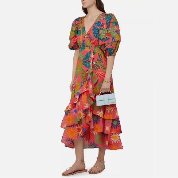 NWT - FARM Rio Coral Mixed Graphic Macaws Puff Sleeve Midi Dress / Size S - Picture 2 of 15